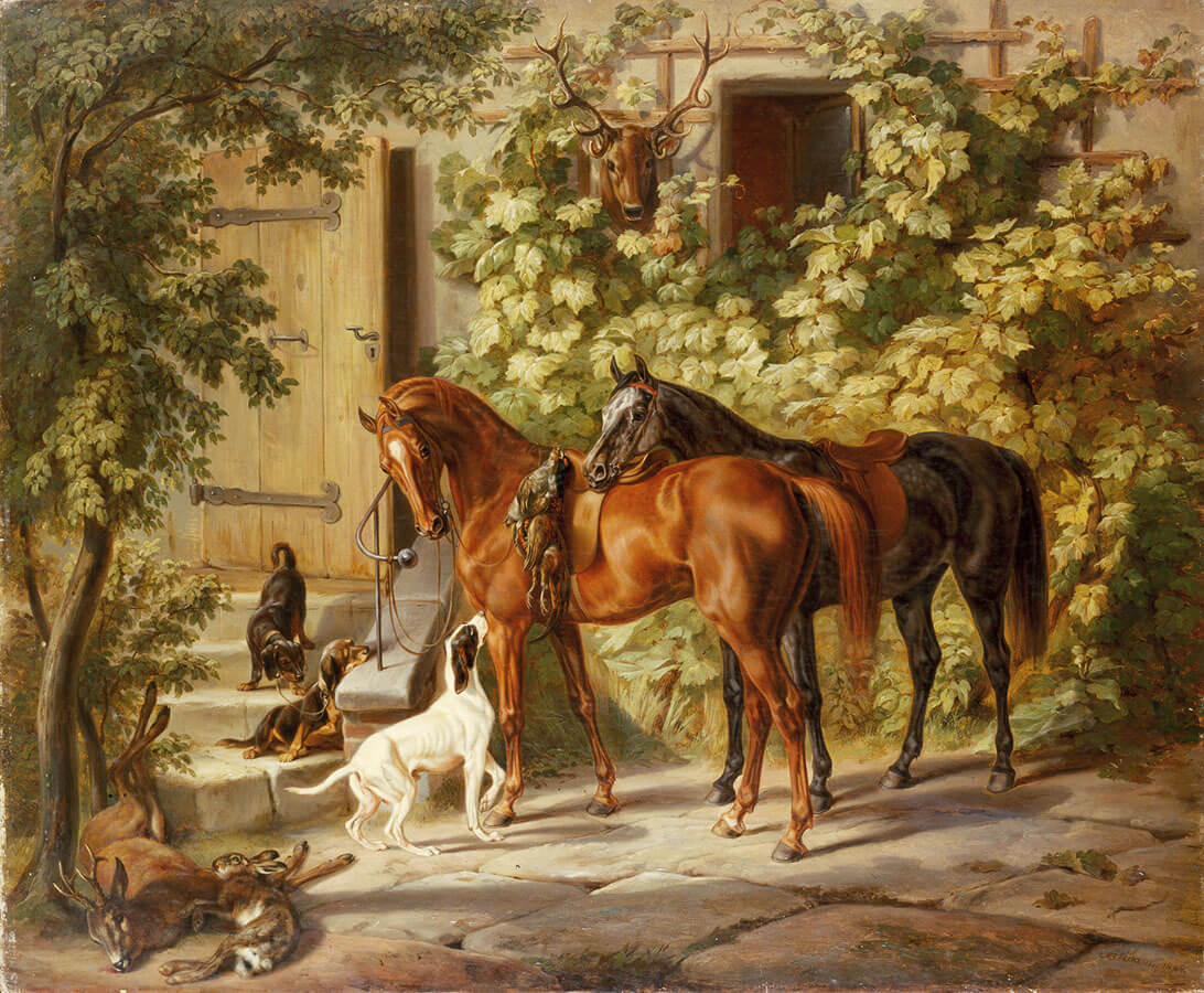 два коня стоят во дворе