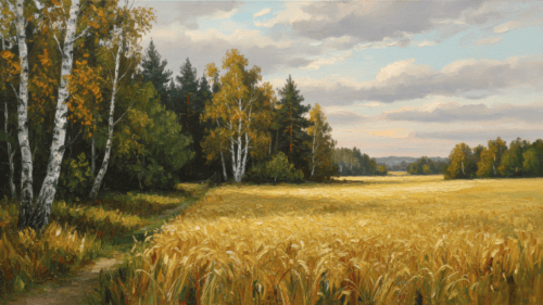 Осенний пейзаж с золотым полем и лесной тропой